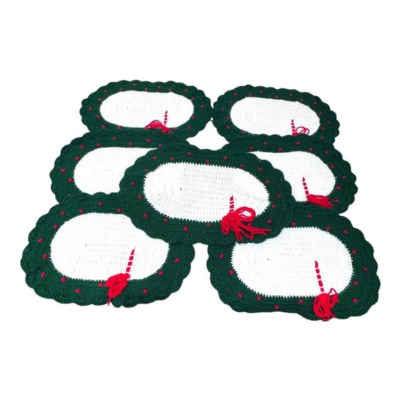 Set Of 7 Handmade Crochet Oval Placemats Christmas Holiday Grannycore Red Bow - Picture 1 of 6